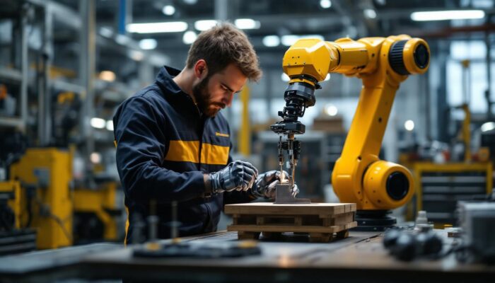A photograph of a skilled technician using an industrial robot to measure the perimeter of a geometric object