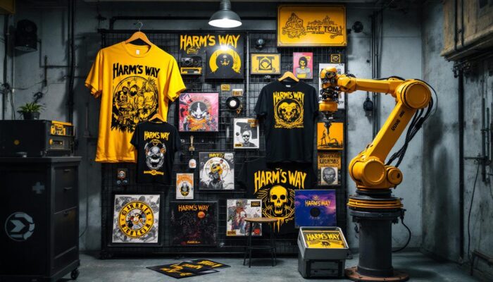 A photograph of a vibrant display of harm's way band merchandise