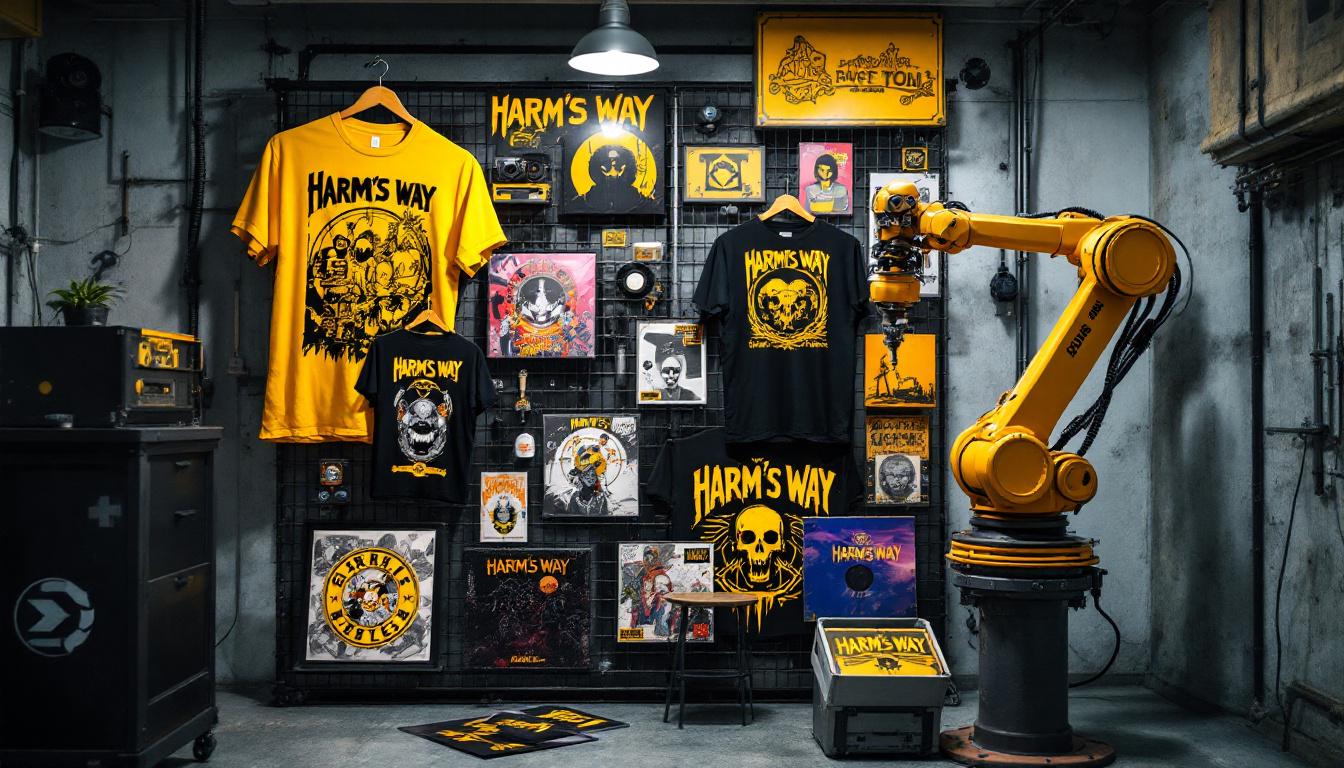 A photograph of a vibrant display of harm's way band merchandise