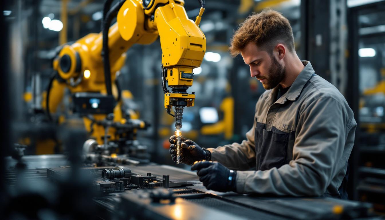 A photograph of a skilled technician operating a bolt stretcher alongside an industrial robotic arm in a modern manufacturing environment