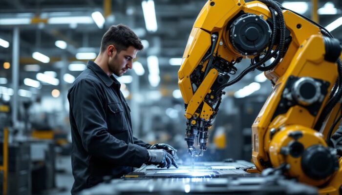 A photograph of a dynamic scene showcasing a skilled operator working alongside a state-of-the-art industrial robot in a modern manufacturing environment
