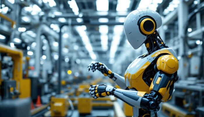 A photograph of a sleek industrial robot in action within a modern manufacturing environment
