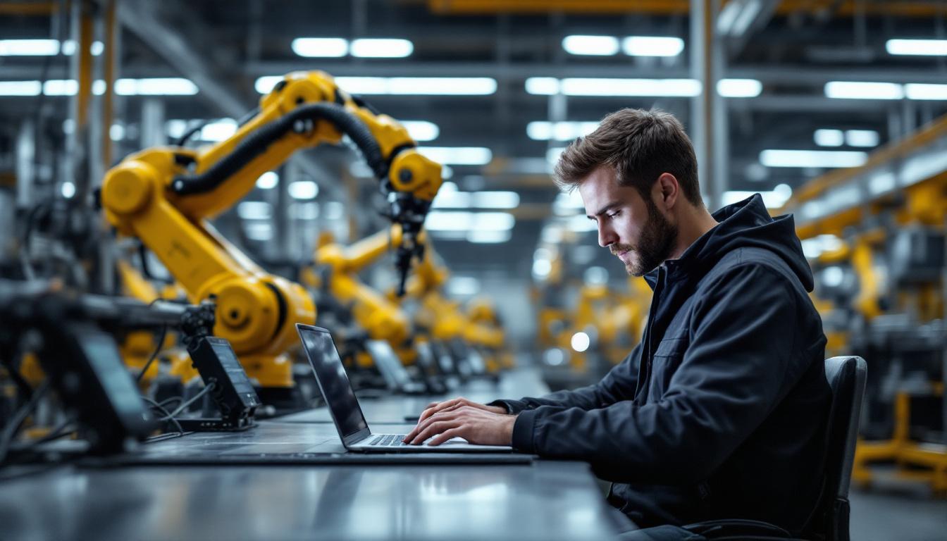 A photograph of a focused embedded software engineer working on a laptop in a modern industrial setting