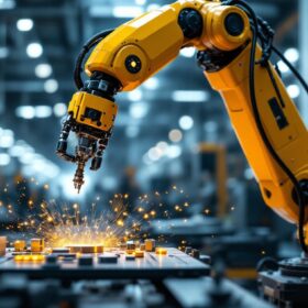 A photograph of a high-tech industrial robotic arm in action within a modern manufacturing facility