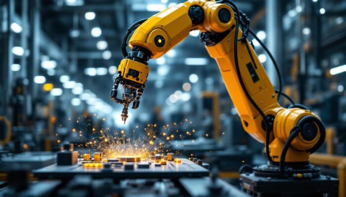 A photograph of a high-tech industrial robotic arm in action within a modern manufacturing facility