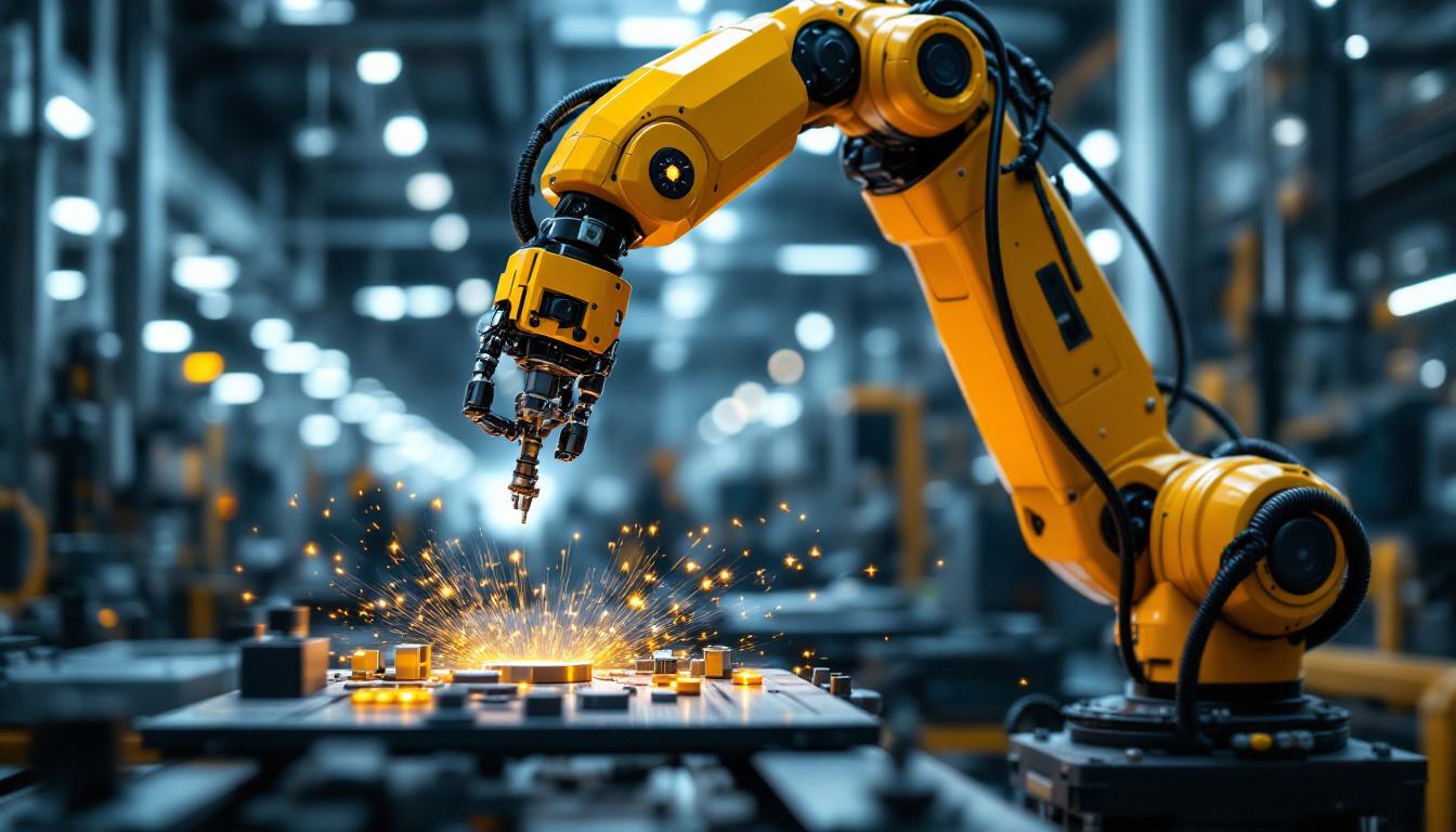 A photograph of a high-tech industrial robotic arm in action within a modern manufacturing facility