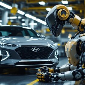 A photograph of capture a photograph of a hyundai vehicle alongside an industrial robot in a modern manufacturing setting
