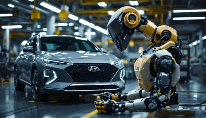 A photograph of capture a photograph of a hyundai vehicle alongside an industrial robot in a modern manufacturing setting