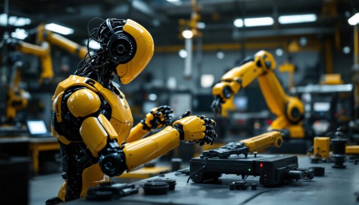 A photograph of a dynamic scene showcasing a lifelike animatronic figure interacting with industrial robotic arms in a workshop setting