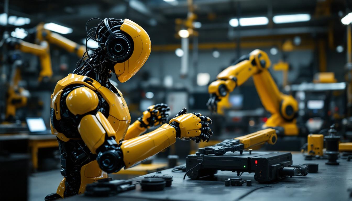 A photograph of a dynamic scene showcasing a lifelike animatronic figure interacting with industrial robotic arms in a workshop setting