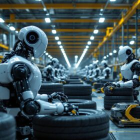 A photograph of a michelin warehouse showcasing a fleet of industrial robots in action