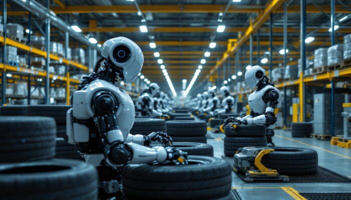 A photograph of a michelin warehouse showcasing a fleet of industrial robots in action