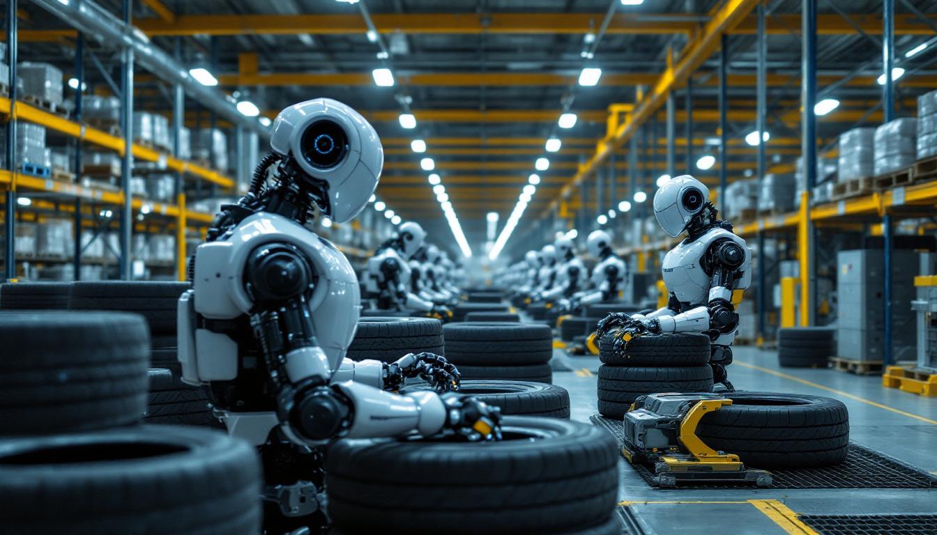 A photograph of a michelin warehouse showcasing a fleet of industrial robots in action