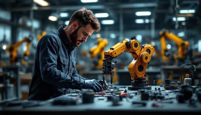 A photograph of a skilled technician assembling a robotic arm kit in a well-lit workshop