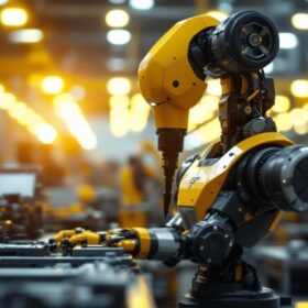 A photograph of a modern industrial robot in action within a manufacturing environment