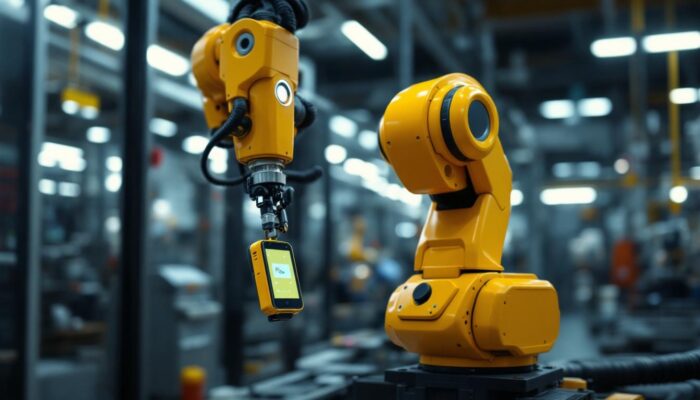 A photograph of a fido device in action alongside an industrial robot in a modern factory setting