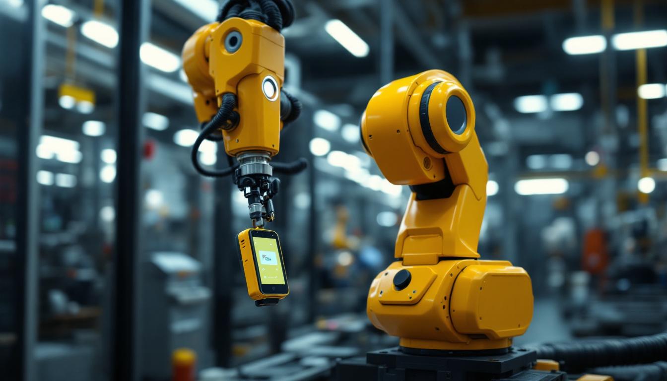 A photograph of a fido device in action alongside an industrial robot in a modern factory setting