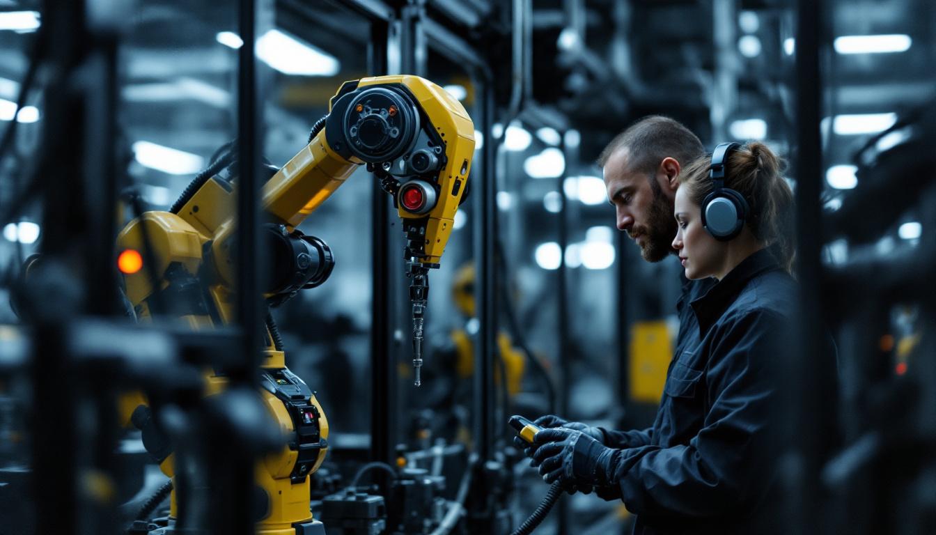 A photograph of a skilled technician programming or operating an industrial robot in a modern manufacturing environment