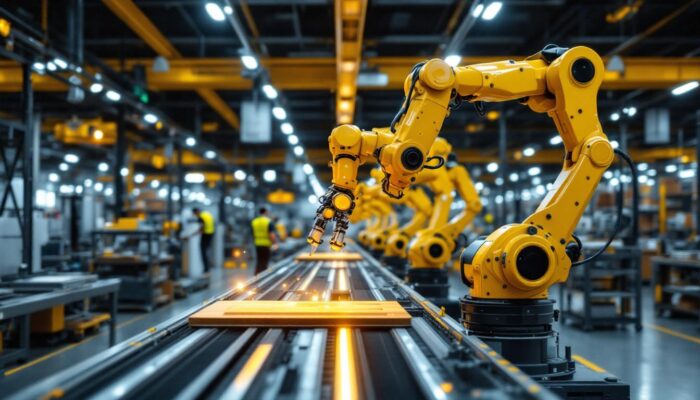 A photograph of a bustling warehouse environment showcasing advanced industrial robotics in action