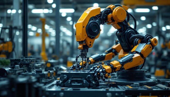 A photograph of a dynamic industrial robot in action