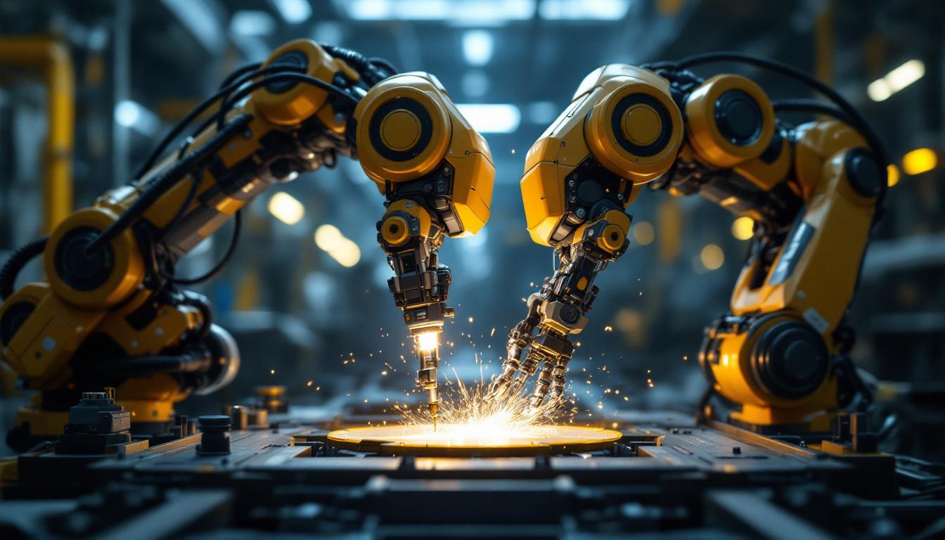 A photograph of a dynamic scene featuring a pair of industrial robots working collaboratively in a factory setting