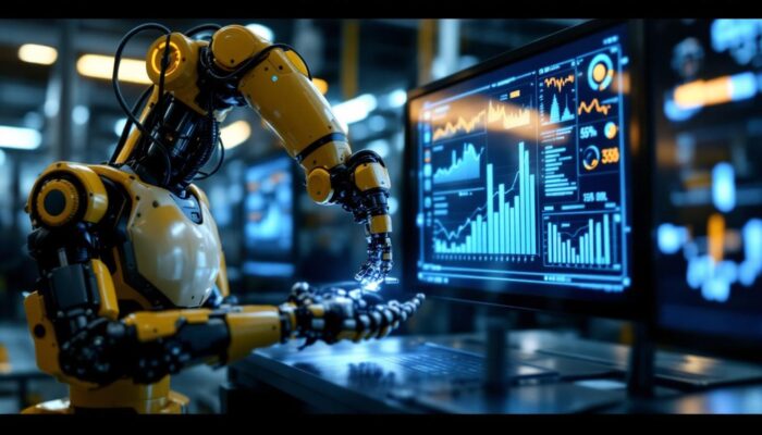 A photograph of a sleek industrial robot in action