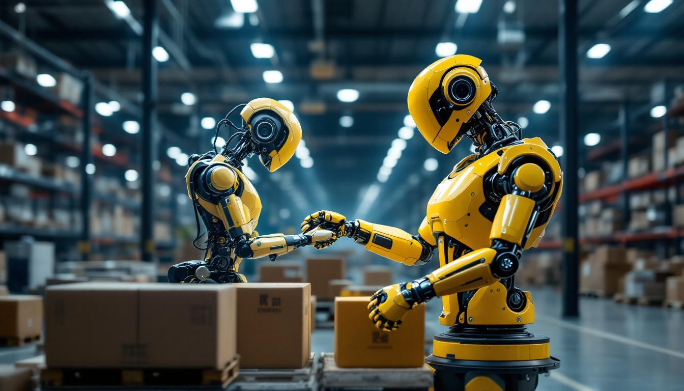 A photograph of capture a photograph of a modern warehouse setting featuring industrial robots in action