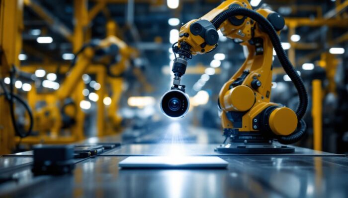 A photograph of capture a photograph of a bolt camera in action alongside an industrial robot in a dynamic workspace