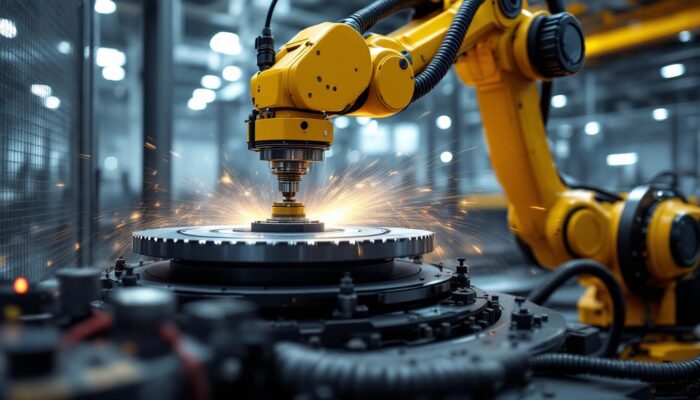 A photograph of a stretch wheel in action alongside an industrial robotic arm