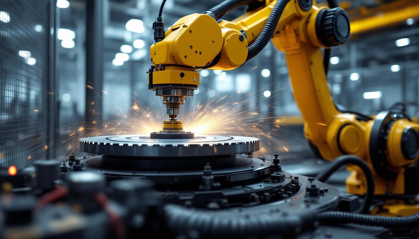 A photograph of a stretch wheel in action alongside an industrial robotic arm