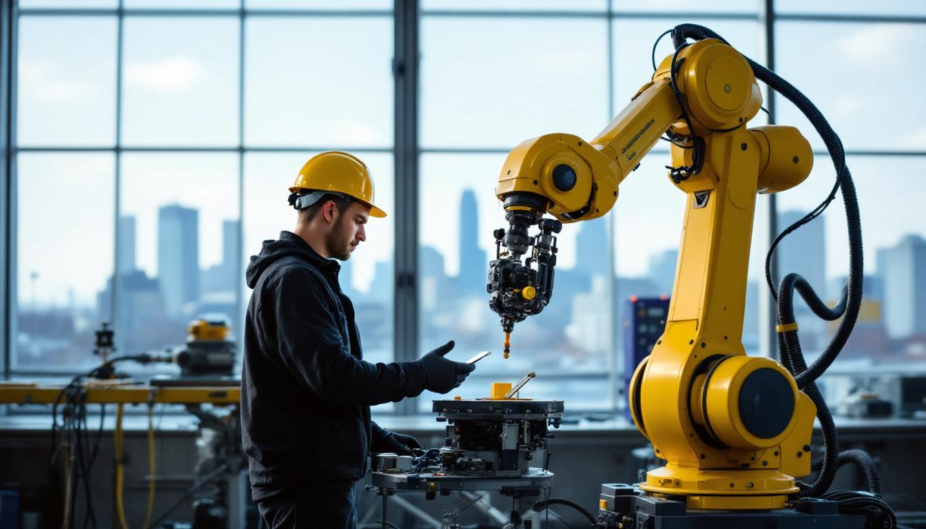 A photograph of a skilled technician working on an industrial robotic arm in a modern manufacturing facility