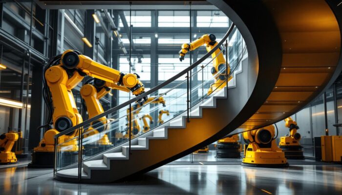 A photograph of a striking staircase with a backdrop of industrial robotic arms in action
