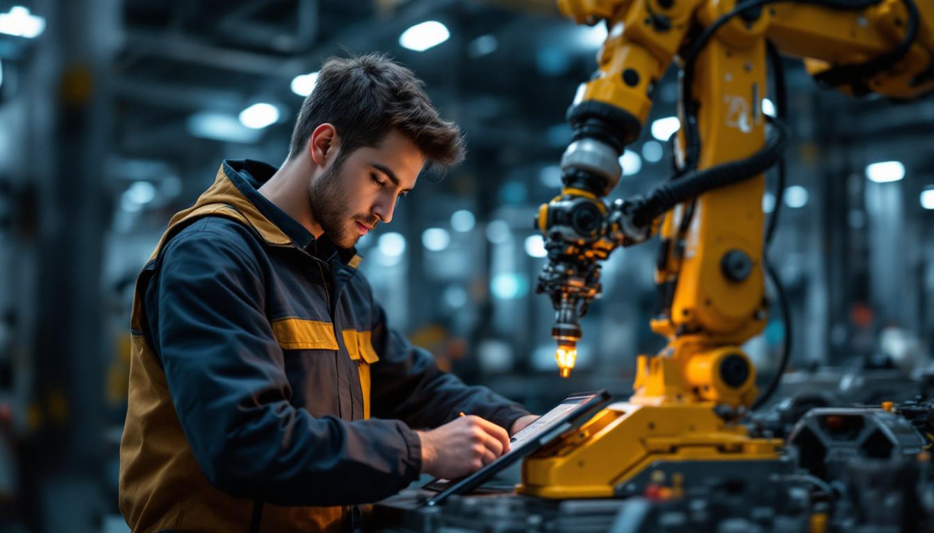 A photograph of a young electrical engineer in a modern industrial setting