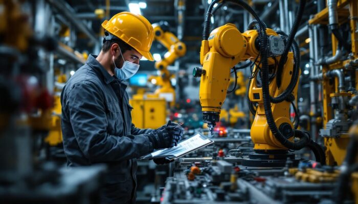 A photograph of a dynamic industrial setting featuring a skilled technician interacting with advanced robotic systems