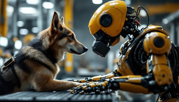 A photograph of a military working dog in action alongside an industrial robot