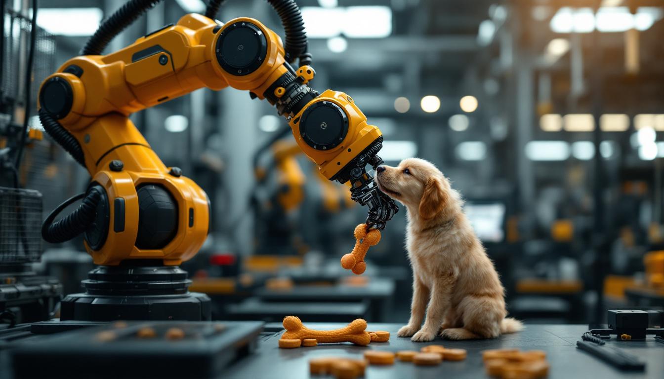 A photograph of a robotic arm performing a precise stretching motion with a dog toy or a dog-related object in a modern industrial setting