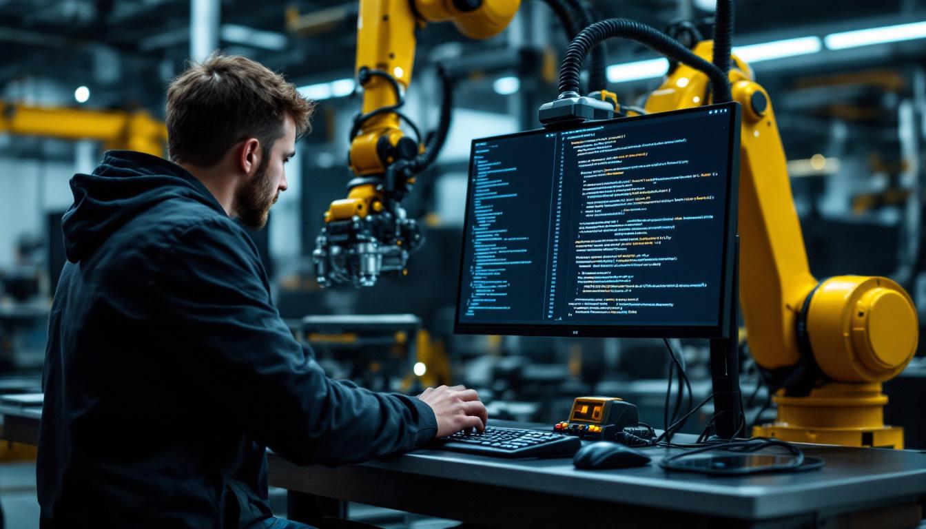 A photograph of a skilled technician programming a robotic arm in a modern industrial setting