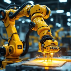 A photograph of capture a photograph of an industrial robotic arm in action