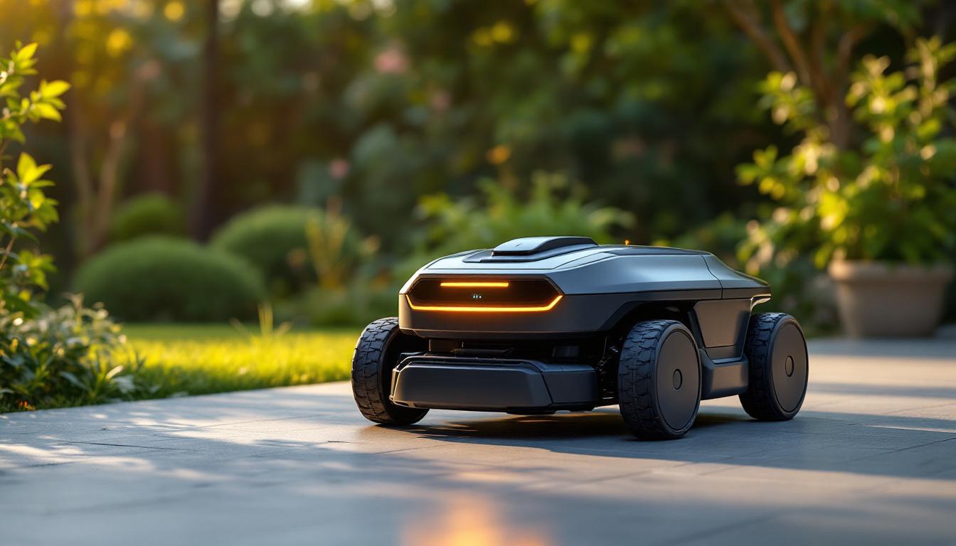 A photograph of a sleek outdoor cleaning robot in action