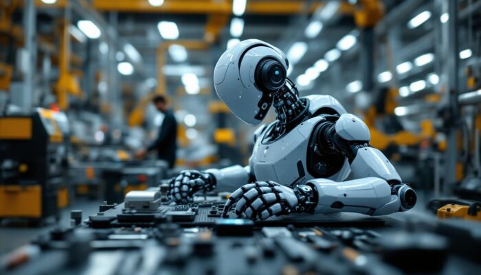 A photograph of a modern industrial robot in action within a manufacturing setting
