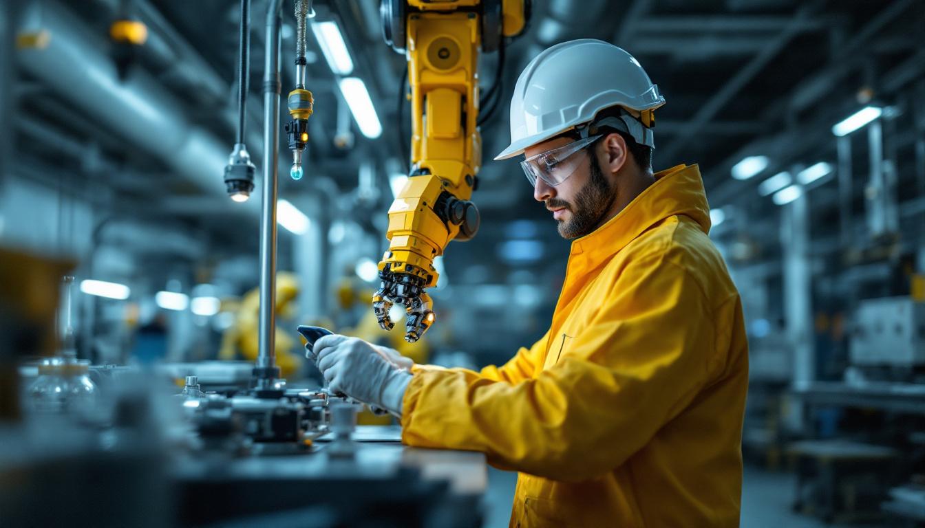 A photograph of a dynamic laboratory environment showcasing a researcher in safety gear interacting with advanced industrial robotics