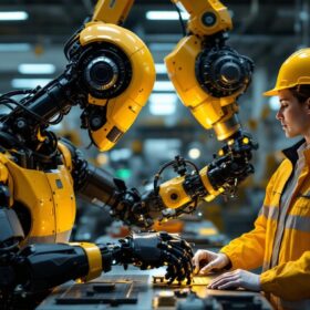 A photograph of a collaborative industrial robot interacting with human workers in a modern manufacturing environment
