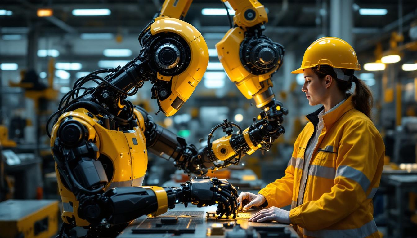 A photograph of a collaborative industrial robot interacting with human workers in a modern manufacturing environment