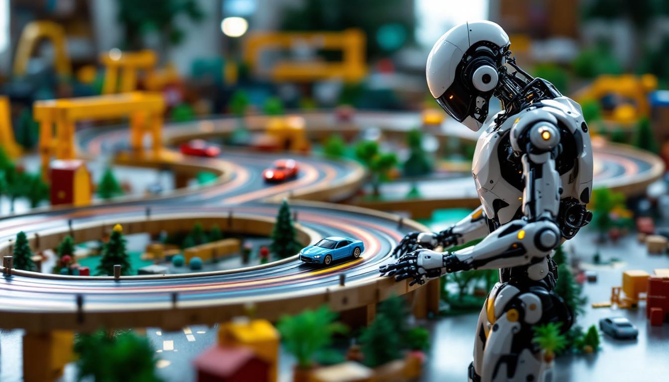 A photograph of a vibrant wood slot car track layout featuring intricately designed cars in action