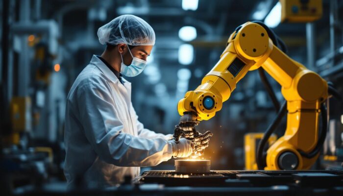 A photograph of a skilled technician operating an industrial robotic arm in a clean