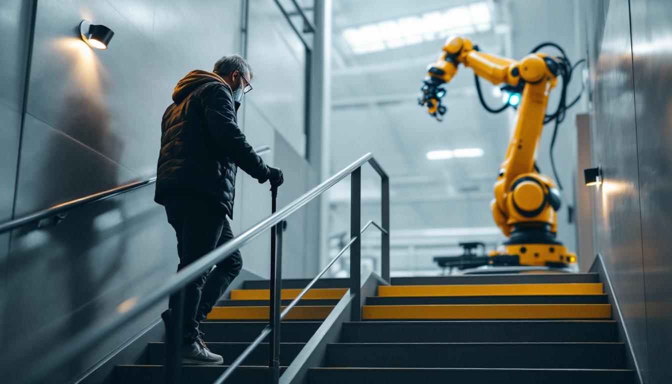 A photograph of a person using a walking stick to navigate a staircase
