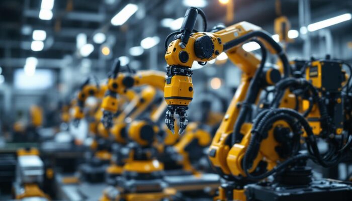 A photograph of a modern robotic lab featuring advanced industrial robots in action