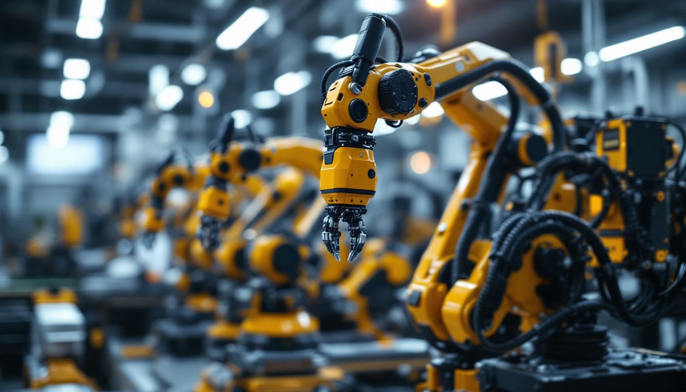 A photograph of a modern robotic lab featuring advanced industrial robots in action