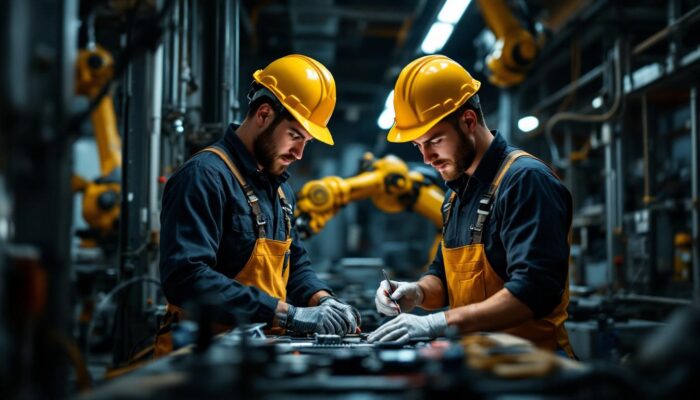 A photograph of a skilled electrician apprentice working alongside a mentor in a dynamic industrial setting