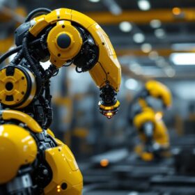 A photograph of a high-tech industrial robot equipped with a lidar sensor in action